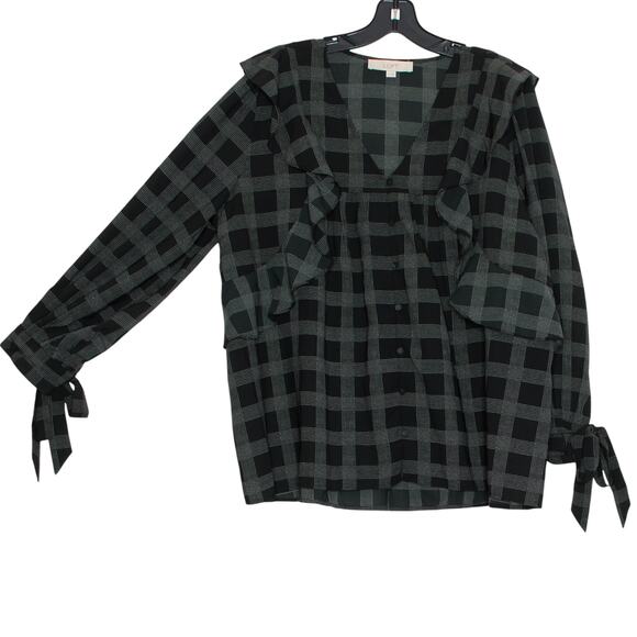 Loft Top Boho Cottage Minimalist Academia Grunge Ruffle Button Plaid Black XL - Picture 6 of 6